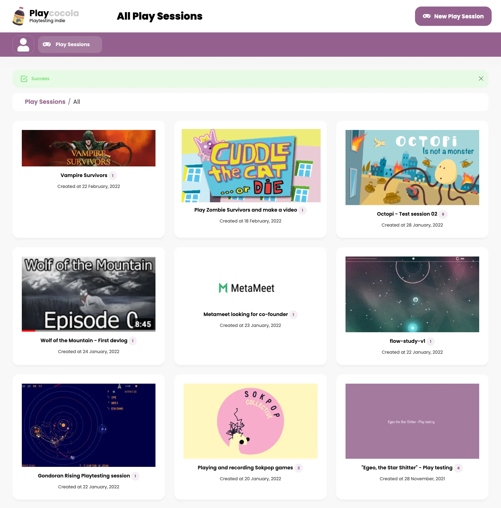 Public play sessions list