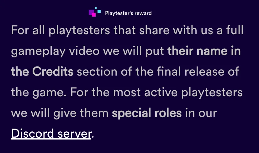 Playtester reward settings